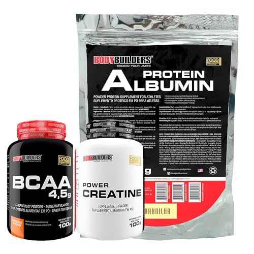 Kit Albumin Protein 500g (Refil) Baunilha + Power Creatina 100g + BCAA Tangerina 100g- Bodybuilders