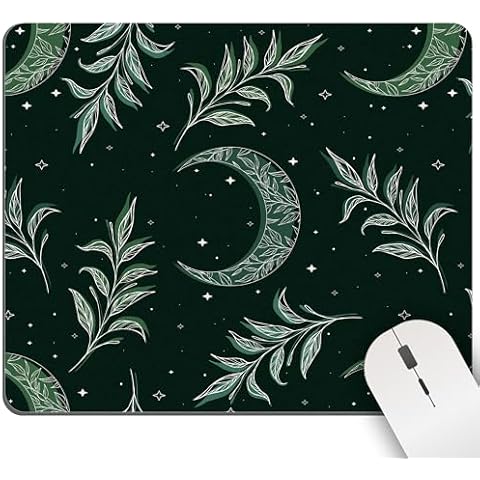 Mouse Pad, Black Moon and Herb Square Computer Mousepads Washable Boho Crescent Desk Mouse Pads with Non-Slip Rubber for Gaming Office Laptop Wireless Mouse Cover