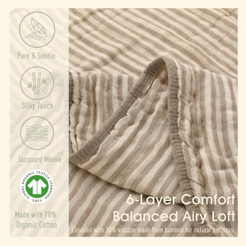 Image of Ultra Soft Muslin Baby Blanket - Made with Organic Cotton, Gender Neutral Warm Coffee Striped Jacquard, Swaddle & Crib Quilt, 43x43 Inches (Horizon Dune)