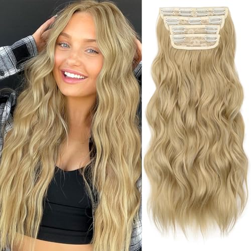 Image of KooKaStyle Wavy Thick Clip in Hair Extensions 20 inch Golden Blonde for Daily | 4 Pieces Clip in Extensions,Fiber Double Weft Hairpieces,Natural Volume & Soft,Wave Long Synthetic Hairpieces for Women