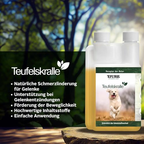 TJURE Teufelskralle Liquid für Hunde | 1000 ml | Ergänzungsfuttermittel mit Teufelskralle | Zur Unterstützung der normalen Beweglichkeit | Pflanzliche Rezeptur | Made in Germany | Ohne Zusatzstoffe