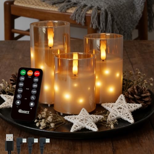 Image of LEDHOLYT Rechargeable Glass LED Flameless Candles, Embedded Star String Flickering Flameless Candles for Romantic Ambiance and Home Decoration with Remote & Timer(Gold)