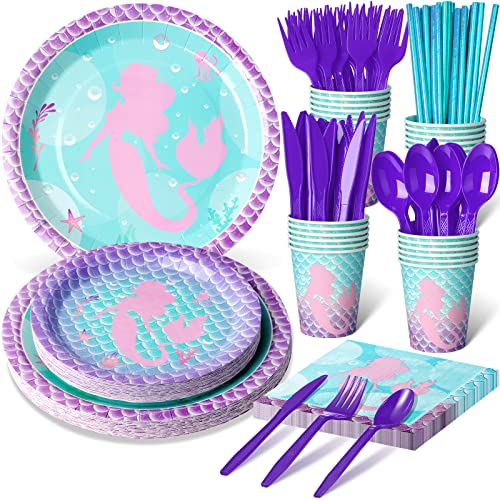 Mermaid Paper Plates And Napkins Set,Mermaid Birthday Party Supplies Disposable Dinner Tableware Plates Napkins Cups Knives Spoons Fork For Mermaid Kids Ocean Birthday Party Decorations,Serve 25 Guest #TOP6