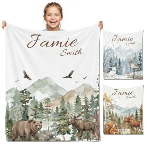 Image of Personalized Baby Blanket with Name, Custom Name Blanket for Kids Soft Flanne Blankets in Easter Personalized Baby Gifts for Infant Newborn Shower (Forest)