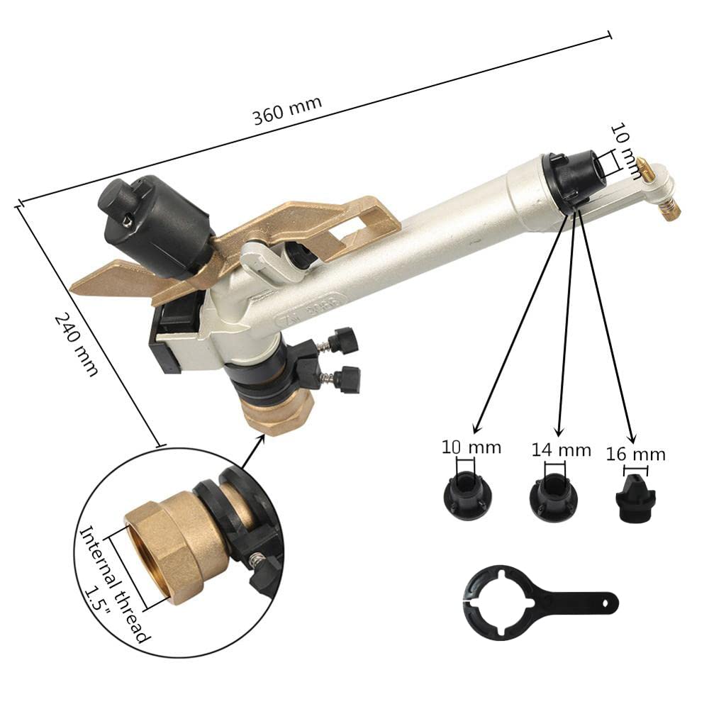 Cañón de riego Hembra de 1 1/2" Ajustable - Alcance de 16 a 25 Metros. Aspersor agrícola Sectorial Largo Alcance y caudal Ajustable - Ideal para presiones de Trabajo de 1.5 a 5 Bar. Riego eficiente