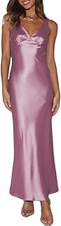 Womens Elegant Satin V Neck Backless Sleeveless Maxi Dress Silk Tie Low Back Formal Cocktail Dresses Wedding Guest - Buy now