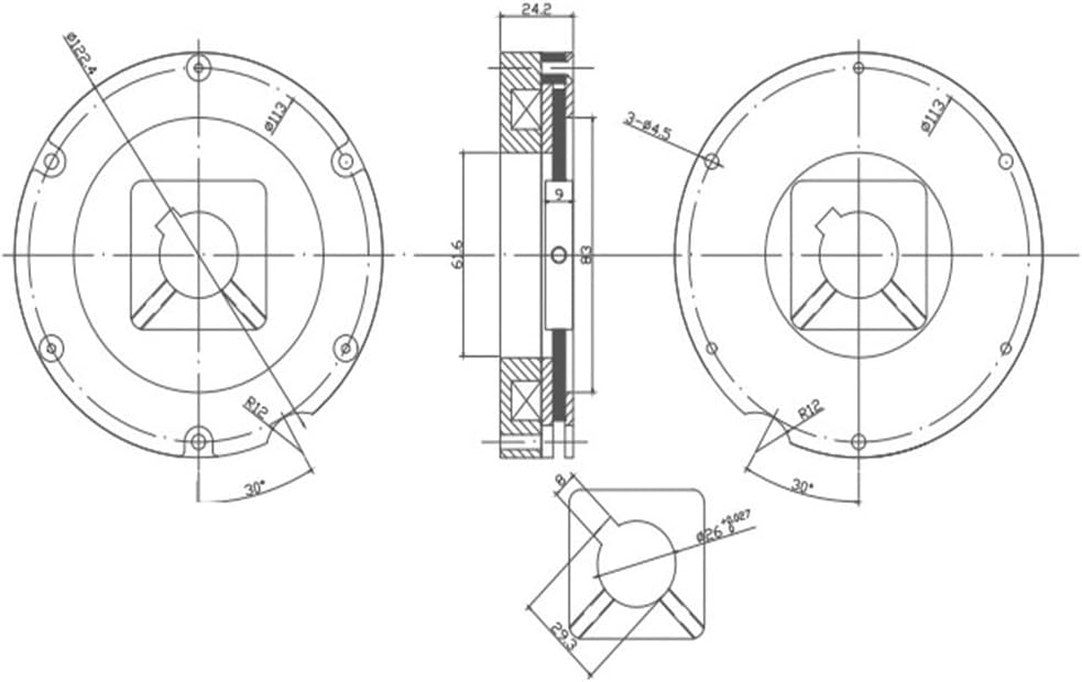 Technical drawing of the FPBIGCHA RWB12 Electromagnetic Brake with dimensions in millimeters.