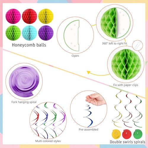 Image of Happy Birthday Banner Decoration Set - Includes Colorful Rainbow Felt Happy Birthday Sign, 3 Garlands, Hanging Spirals, Honeycomb Paper Balls for Baby Shower Party Decor and Kids Celebration
