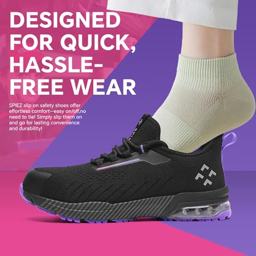 SPIEZ Women‘s Safety Shoes Lightweight - Non Slip Composite Toe Work Shoes with Air Cushion, Slip on Fashion Sneakers for Woman Daily Wear with Arch Support Insole, Black Purple US 5-9.53