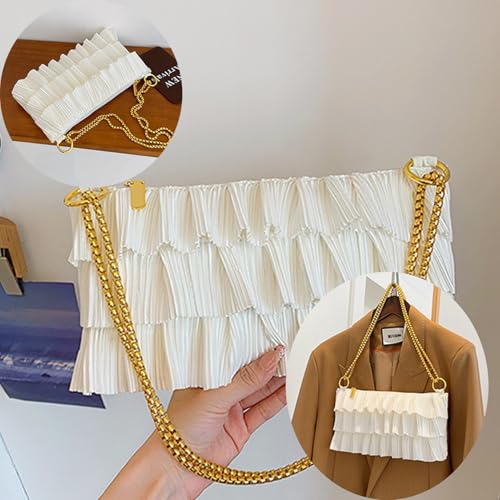 Women Crossbody Bag Fringe Ruffled Layered Pleated Chain Strap Casual Daily Shoulder Purse White Lightweight Multi-Pocket Design for Travel Shopping Party2