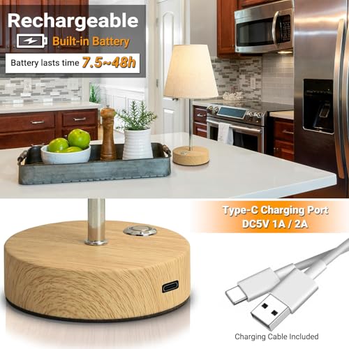 Rechargeable Lamp, HSLighting 12'' Cordless Table lamp Touch Battery Operated for Living Room Fabric Shade Wireless Lamp with Brightness Stepless Dimmable for Bedside Dining Room Kitchen Patio 3000mAh - Image 3