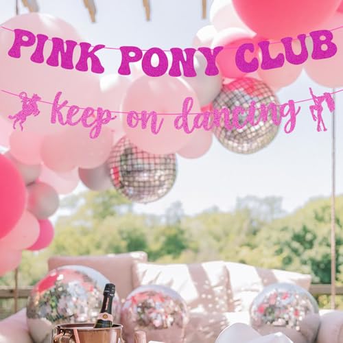 Image of Glitter Pink Pony Club Party Banner, Keep On Dancing Disco Bachelorette Decorations, Horse Theme Birthday Party Sign Banner Background, Western Rodeo Cowgirl Let's Go Girls Party Supplies