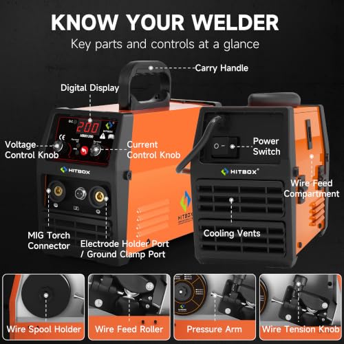 HITBOX Poste à Souder MIG Sans Gaz 200A, Soudeuse 3-en-1 Flux Core MIG/ARC/Lift TIG, Machine de Soudage Inverter IGBT 230V Portable avec Torche & Fil 0,8 mm, Idéal Débutants (HBM1200) – vue 8