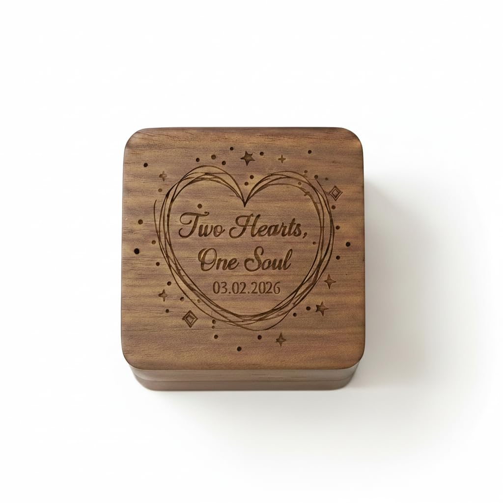Zmr Shop Craft Natural Walnut Brown Engraved Walnut Wood Ring Box - Custom Wedding Ring Bearer Box For Proposal, Ceremony - Rustic Slim Square Ring Box With Two Slots