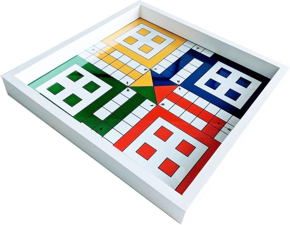 Real Glass Top Ludo Board Game 17 inches by 17 inches, Ludo Board Game with 16 Tokens and 2 Dice,