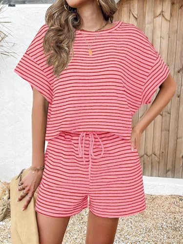 Image of Tankaneo Womens Pajama Sets Striped 2 Piece Lounge Sets Short Sleeve Oversized T Shirts Drawstring Shorts Matching Set