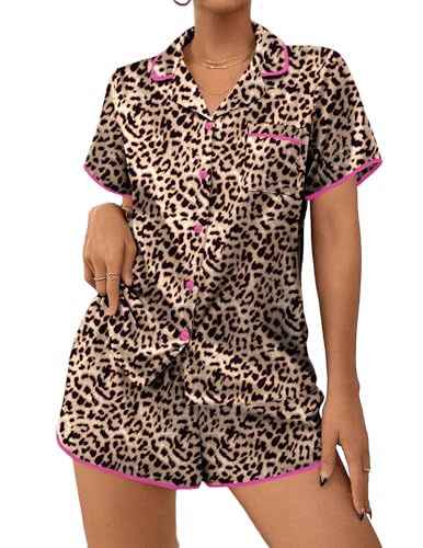 Image of Ekouaer Women's Satin Pajamas Set 2 piece Silky Sleepwear Buttton Down Short Sleeves Top and Shorts Pj Set S-XXL