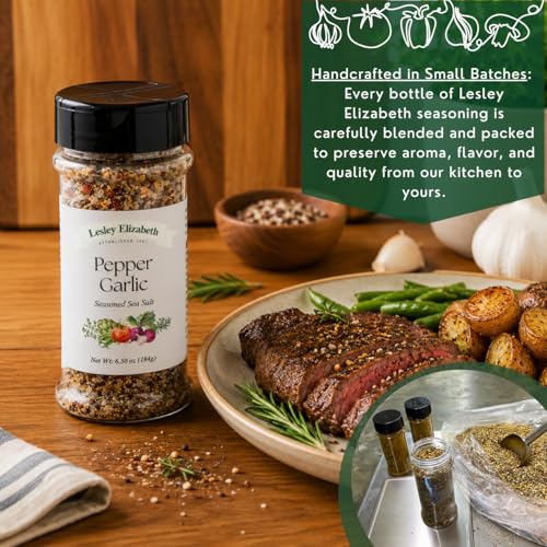 Image of Lesley Elizabeth Pepper & Garlic Seasoned Sea Salt Seasoning - Bold Garlic & Pepper Infused Sea Salt - 8.4 oz (250 ml) PET Shaker Bottle for Meats, Vegetables & Marinades
