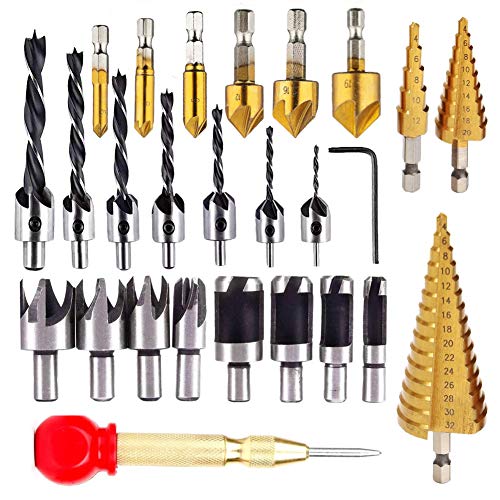 26pcs Woodworking Chamfer Drilling Tools including 6 Countersink Drill Bits, 7 Three Pointed Countersink Drill Bit with L-wrench, 8 Wood Plug cutter, 3 Step Drill Bit