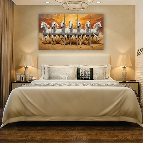 Image of RAVLEX Running Horse Wall Painting for Living Room, Wooden Framed UV Printed Wall Art for Bedroom, Office, Hotel and Drawing Room, Multi Panel Decorative Painting, 24 x 48 Inch