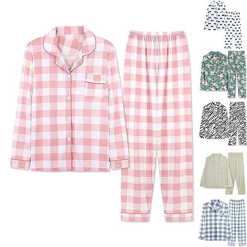 Generisch Traje de casa para mujer de algodón acanalado, pijama de manga larga con botones, juego de pijama de 2 piezas, ropa de dormir fina, ropa de dormir ligera y suave
