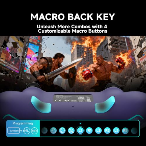 Image of ASRVA Purple Wireless Pro Controller for PS5, Hall Effect Joystick No Drift, 4 Back Paddles, Macro, Gyro, 1000mAh, RGB, Compatible with PS5 /Pro /Slim /PC /iOS /Android
