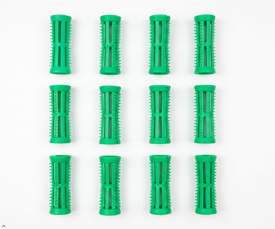 Head Jog Plastic Hair Rollers 12 x 18mm Green with 12 Free Pins - Heat Free Hair Curlers for All Hair Types