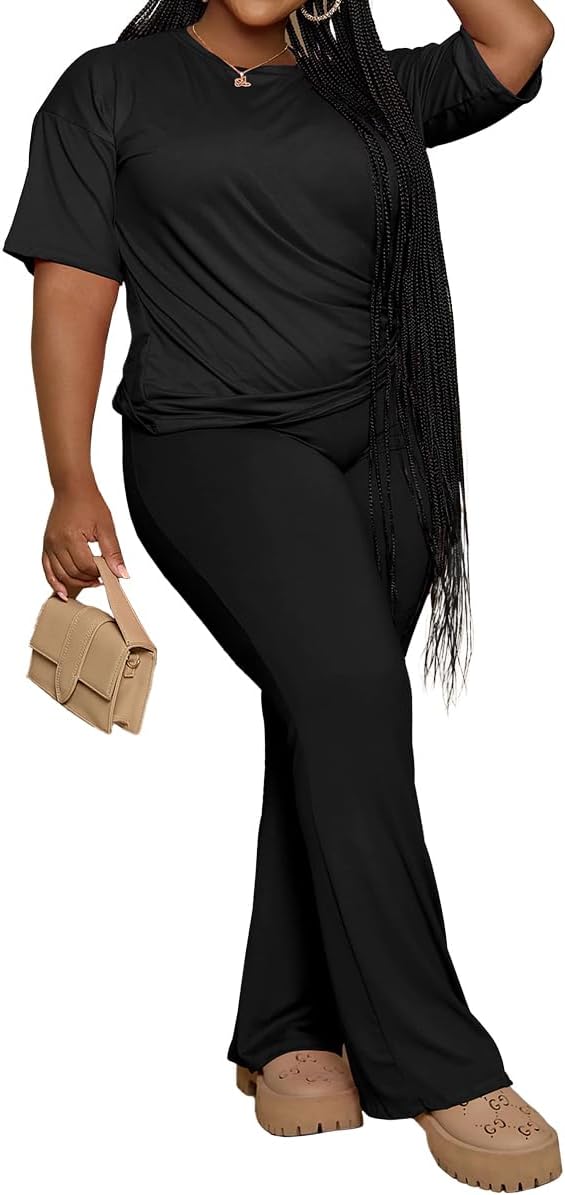 PINSV Womens Plus Size Sets 2 Piece Outfits Casual Short Sleeve Top and Flare Pants Tracksuit - Image 4