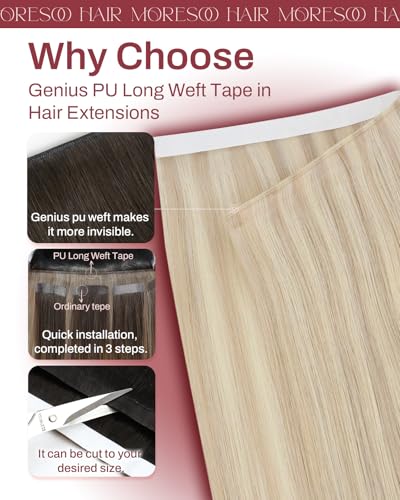 Image of Moresoo Blonde Tape in Weft Human Hair Extensions, 16 Inch, 65g, 2pcs | Ash Blonde Mix Bleach Blonde, Genius Weft Tape in Extensions, Wide Tape Weft, Remy Human Hair, Seamless Natural Blend