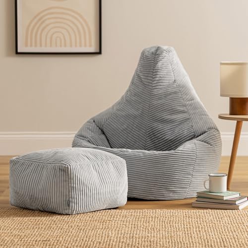 Icon Dalton Sitzsack mit Hocker Cord, Grau, Gaming Sitzsack Erwachsene mit Füllung, Bean Bag...