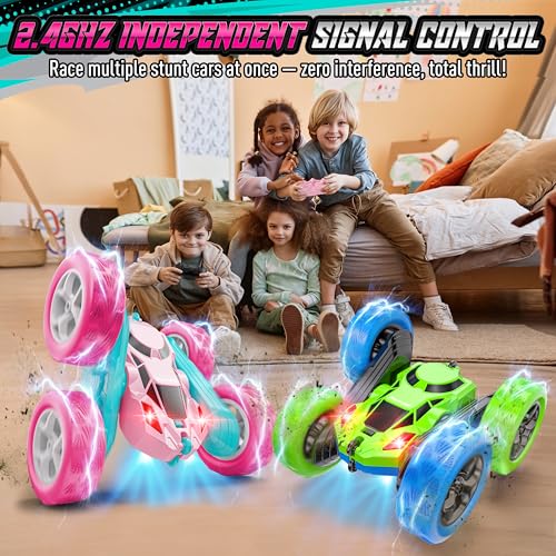 Image of Hamdol Pink RC Car for Girls Age 6+, 360 Rotating Stunt Remote Control Vehicle with LED Lights, Upgraded 4WD USB-C Rechargeable Electric Toy, Perfect Birthday, Holiday