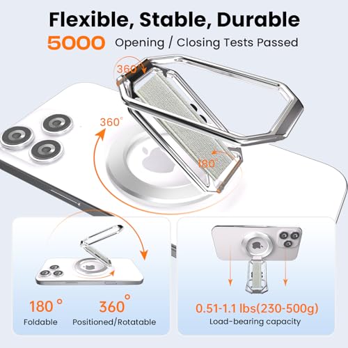 Image of Multi-Functional Magnetic Phone Grip Kickstand for MagSafe, Phone Holder for Hand, Foldable Ring Stand with Finger Loop Strap for Bedtime Scrolling & On-the-Go, Wireless Charging Compatible, Silver