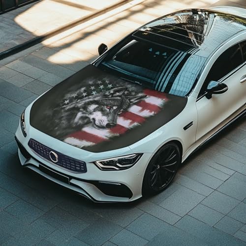 Image of Wolf American Car Hood Cover Polyester Elastic Fabrics Washable Suitable for Large SUV and Pickup Trucks 39x59in
