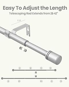 Box Space Curtain Rods for Windows 28 to 42 inches, 6/8 inch Diameter Adjustable Length End Cap Style Curtain Rod Set, Decorative Curtain Rod with Brackets - Silver