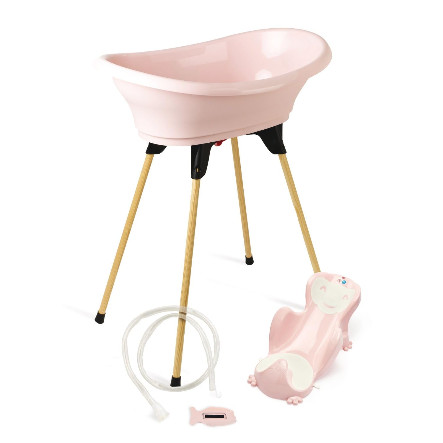 THERMOBABY - Pack baignoire bébé VASCO 5 en 1 - Baignoire, pied en bois, tuyau de vidange, transat de bain, thermomètre - Rose Poudré - Pliable & stable - Fabriqué en France