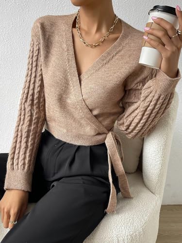 Image of ZAFUL Women's V Neck Sweater Lantern Long Sleeve Pullover Cable Knit Cross Crop Top Casual Tie Wrap Tunic Jumper Blouses