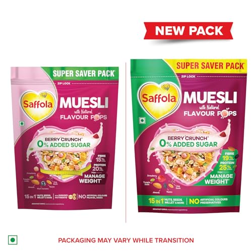 Image of Saffola Muesli 0% Added Sugar Berry Crunch 700 gm | High Protein & High Fibre to help Manage Weight | Muesli with Flavour Pops
