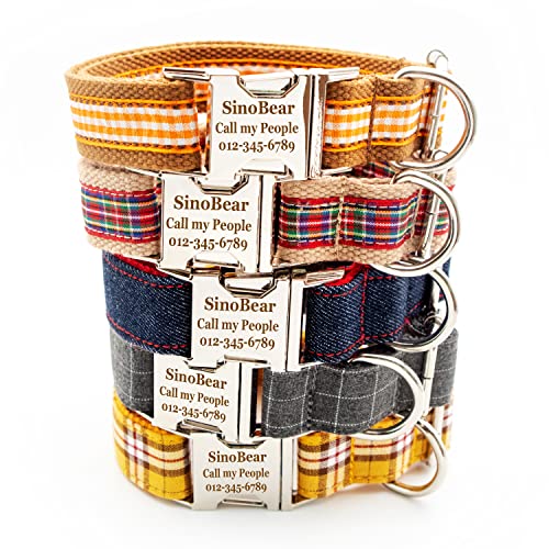Dog Collar Personalized, Laser Engraving Classic Grid Patterns Collar with Unique Info (Pet Name, Phone) Dogs (XS, S, M, L, XL)