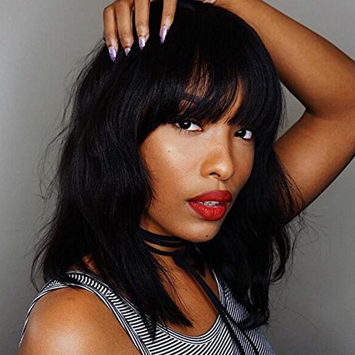 AISI HAIR Bob Curly Wig Synthetic Short Black Wig with Bangs Natural Looking