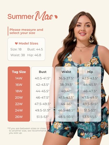 Image of Summer Mae Plus Size Swim Romper One Piece Swimsuit Women Blouson Bathing Suit with Pockets 2026 Modest Swimwear Yellow Flowers Green Leaves 14 Plus