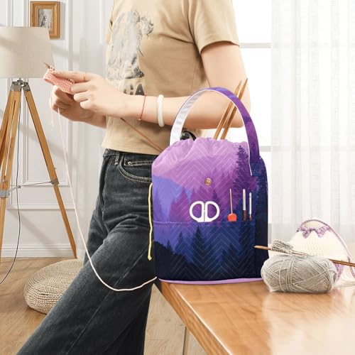 Image of ElliTarr Crochet Bag Yarn Bag with Handle Portable Knitting Project Bag Travel Yarn Storage Organizer Holder Case Purple Stag Forest Trees