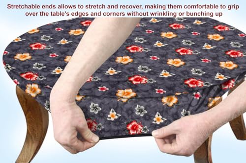 Image of The Furnishing Tree Round Elastic Fitted Center Tpoy Table Cover WxL 28x28 Inches Floral Pattern Grey