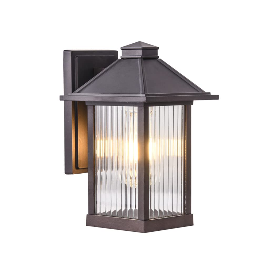 VDOQTLJT Square Outdoor Wall Lantern Waterproof Exterior Sconce E27 Base Lamp With Clear Stripes Glass Light Fixture Mount In Mat