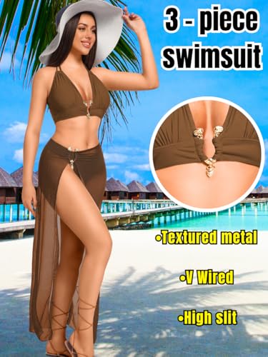 Kaei&Shi 3 Piece Swimsuits for Women,V Wire Halter Cheeky Bikini Sets,Sexy Bathing Suit with Mesh Cover Up2