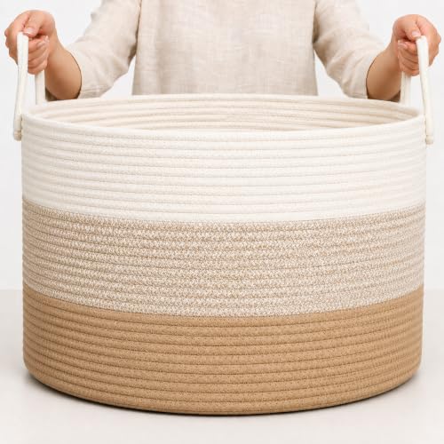 Image of OrganiHaus Round Toy Basket & Blanket Basket, Cotton Rope 20x13 inch | 3-Toned Honey - Round Cotton Rope Basket, 20x13 inch