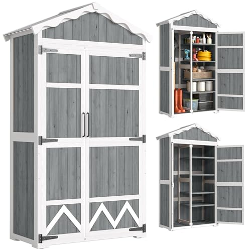 Outsunny Caseta de Jardín de Madera 105x55x179 cm Cobertizo Jardín Exterior Impermeable Armario Exterior Herramientas con Puertas 4 Estantes Extraíbles Techo Metal Galvanizado Pies Ajustables Gris