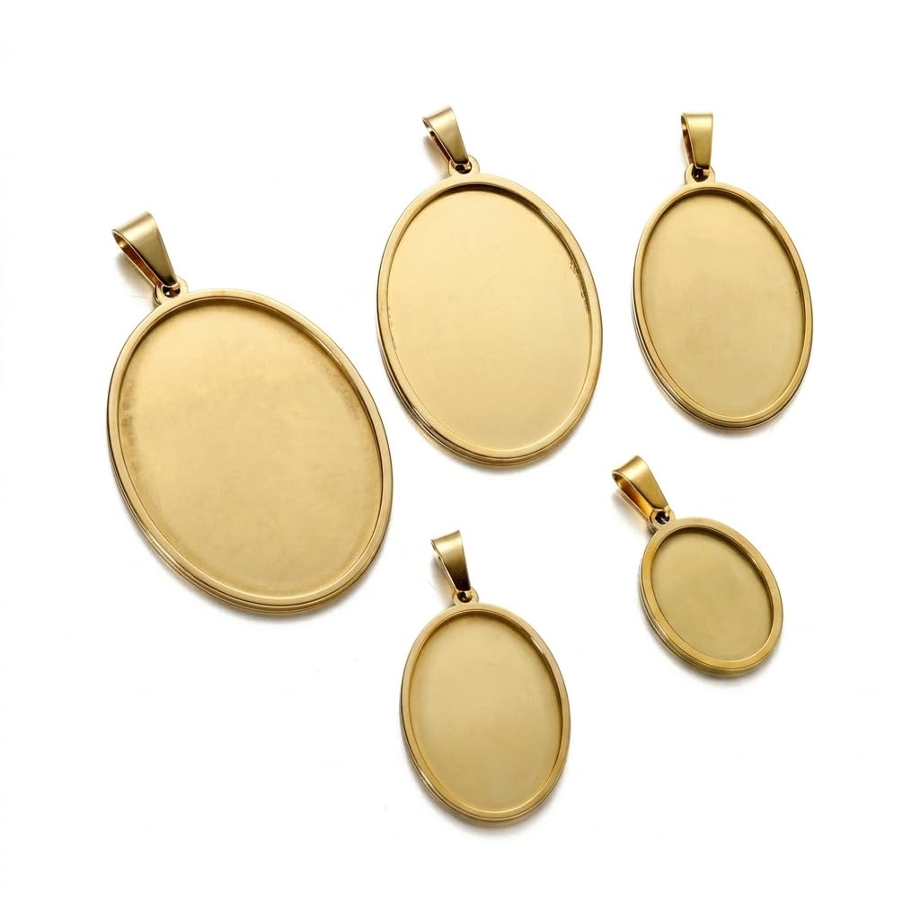TPIONEER 5Pcs Stainless Steel Oval Cabochon Pendant Blanks, for DIY Jewelry Making & Craft