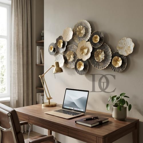 Image of THE DECOR COMPANY Large 3D Metal Wall Art for Living Room, Luxury Floral Wall Decor for Sofa Back Wall, Modern Gold Black Wall Hanging Showpiece for Hall, Drawing Room, Bedroom and Dining Area