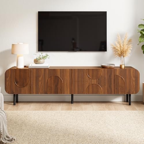 Yihomfy Meuble TV 180 Cm Longueur,Meuble TV Ovale en Rotin,Portes en Rattan Portes Coulissantes,Tiroirs, Aspect Bois,Pieds en MéTal,avec Espace De Rangement,...