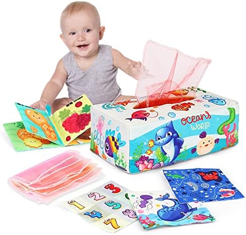 FICUS Baby Tissue Box Toy,Infant Sensory Toys Magic Tissue Box with Crinkle Toys Tummy Time Toys Montessori Toys for 3 6 9 12 Months 1-2 Year Old Toddlers Infants Newborns Gift (Undersea Animal)